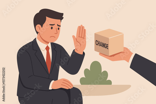 Businessman Refusing Change Concept. Status Quo Bias, Fear of Change, Comfort Zone, Conservative Thinking, Risk Aversion, Decision Resistance, Hand Gesture Denial, Corporate Illustration