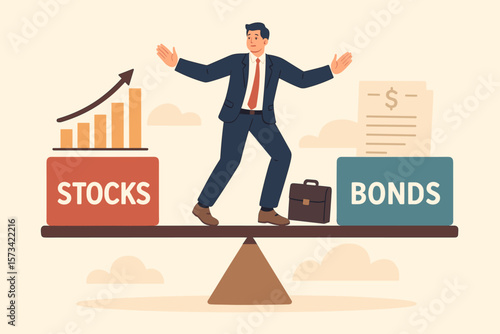 Businessman Balancing Stocks and Bonds Investment Choices, Asset Allocation, Risk Assessment, Portfolio Management, Long-Term Mutual Funds, Pension Fund Financial Strategy Concept