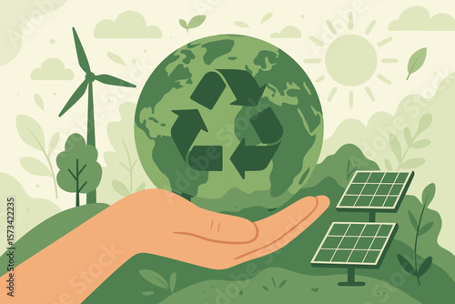 Sustainability and ecology concept. Renewable energy to save the planet from climate change and global warming. Environmental safety and recycle symbol. Hand holding earth.