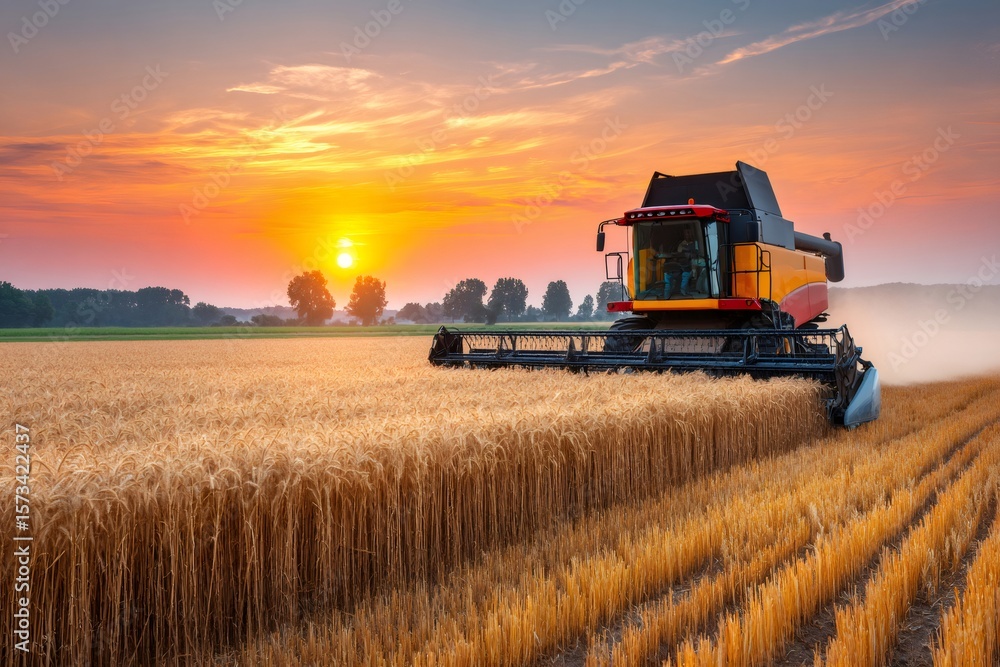 Fototapeta premium Combine harvester harvesting wheat field at sunset