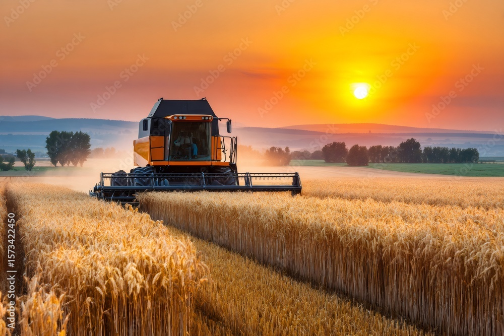 Fototapeta premium Combine harvester harvesting wheat field at sunset