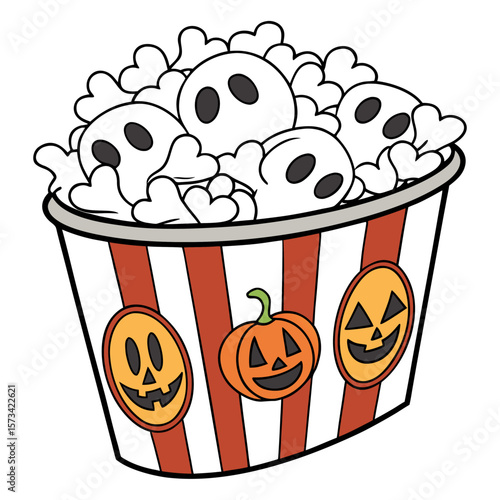 A festive bucket filled with popcorn shaped like cute ghosts and decorated with jack o lanterns and pumpkins perfect for halloween celebrations and spooky treats