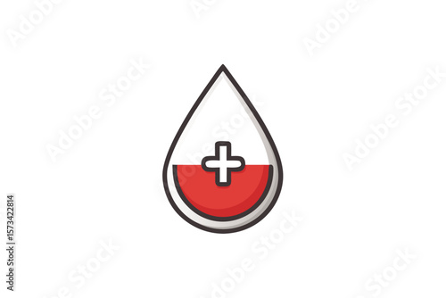 A Simple Red and White Blood Drop Icon Featuring a Black Plus Sign Inside a Teardrop Shape Set Against a White Background