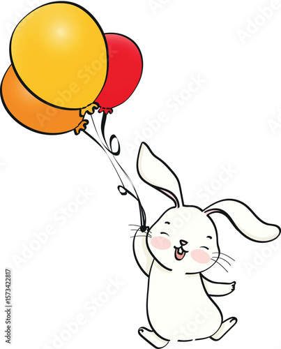 cute rabbit flying with happy balloons