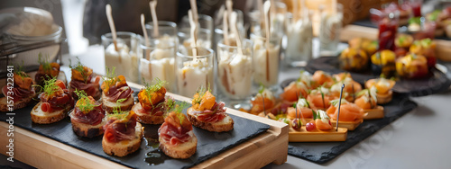 Catering table with canapes and snacks at a business meeting   -