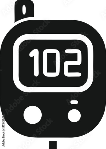 A Solid Black Glyph Icon of a Digital Blood Glucose Meter Displaying One Hundred and Two Milligrams per Deciliter
