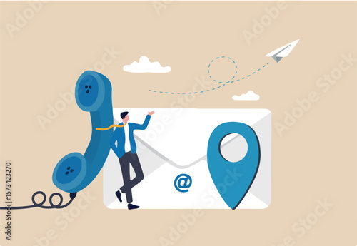 Contact us via email, phone or office location, communicate with customer or client, business information or channel for business contact concept, businessman with telephone, email and location pin