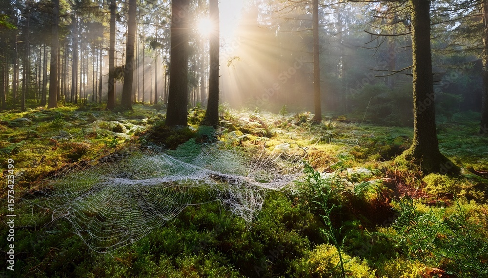 Naklejka premium an image of a tranquil forest bathed in morning light light mist seeping through the trees ground covered in a carpet of moss and ferns dewdrops on spider webs nature s perfect symmetry