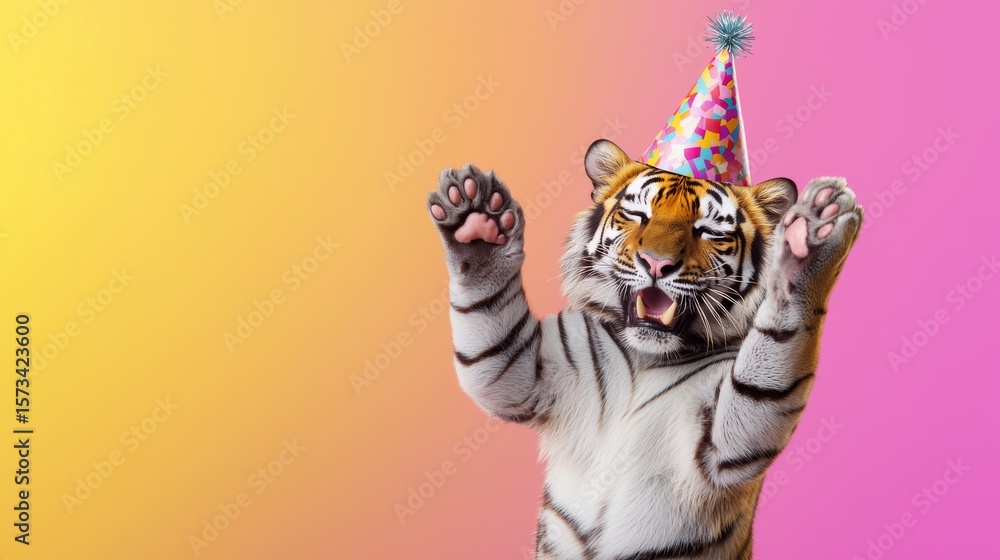 Fototapeta premium Playful tiger wearing colorful party hat with raised paws on vibrant gradient background. concept of celebration, joyful wildlife, festive animal illustration., copy space