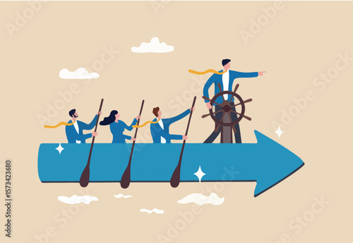 Leadership to lead team to the right direction, employee teamwork to help success, manager to motivate team or company to move forward concept, businessman manager lead people teamwork sailing arrow.