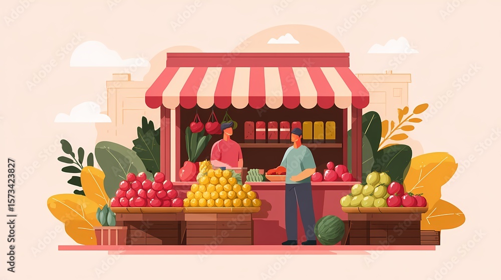 Obraz premium Illustration of a fruit stand with vendor and customer, showcasing various fruits.