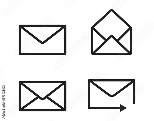 Set of mail envelope icon in linear style. Closed envelope, opened letter, with checkmark and email. Editable stroke. E-mail icon, sign of an incoming unopened message. Vector illustration