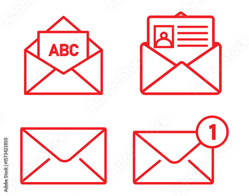 Set of mail envelope icon in linear style. Closed envelope, opened letter, with checkmark and email. Editable stroke. E-mail icon, sign of an incoming unopened message. Vector illustration