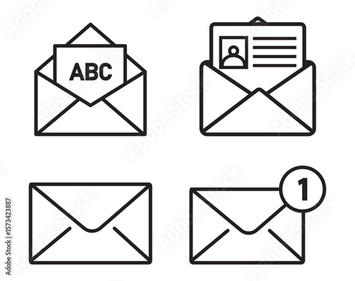 Set of mail envelope icon in linear style. Closed envelope, opened letter, with checkmark and email. Editable stroke. E-mail icon, sign of an incoming unopened message. Vector illustration