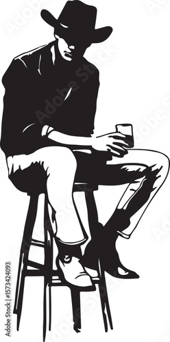 Cowboy Sitting on a Barstool Silhouette Vector Illustration on Transparent Background