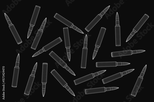 Bullets arranged in a neat wireframe pattern on a black background, some overlapping for depth. The stark contrast highlights their metallic texture and precise alignment.