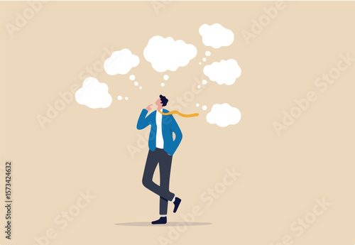 Too many thinking ideas, overwhelmed issues or busy problem to be solved, contemplation solutions for troble, concerned or anxiety concept, businessman thinking with many thinking bubbles