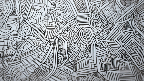 A hand-drawn illustration of intricate lines and patterns in black ink on white paper. The lines form abstract geometric shapes, spirals and random scribbles,