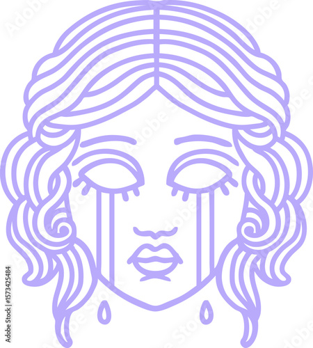 tattoo in black line style of female face crying icon in bright neon color