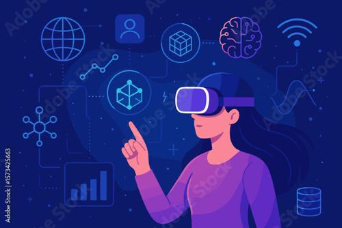Metaverse futuristic technology. Woman in VR headset in virtual reality. Digital interface, AI, blockchain, big data. Innovation network communication. User avatar in simulation.