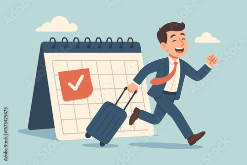 Annual leave vacation concept. Happy businessman running with luggage. Employee taking day off for rest and relaxation from hard work. Time schedule reminder of holiday trip.