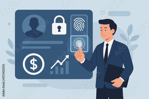 Biometric security. Businessman using fingerprint identification for financial data access. E-kyc, digital identity verification. Cybersecurity and authentication technology.