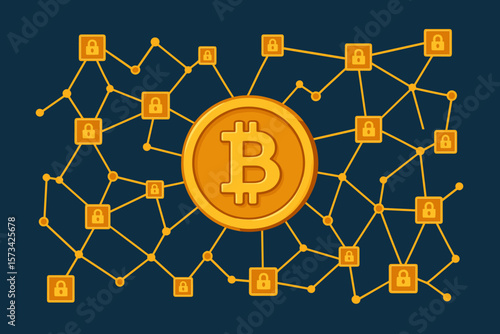 Concept of blockchain technology and Bitcoin cryptocurrency network. Golden coin connected to secure lock icons on a digital background. Decentralized finance, fintech banner.