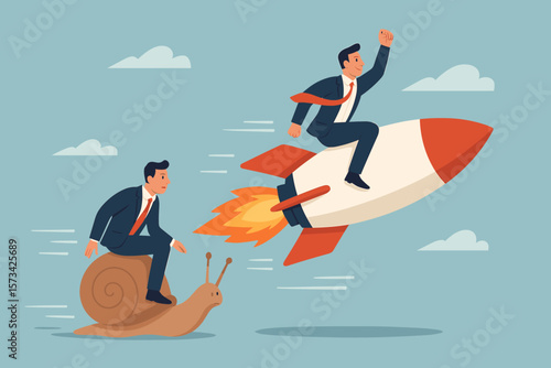 Business competition concept. Businessman on rocket beats competitor on a snail. Metaphor for speed, innovation, competitive advantage, high performance, success, and winning.