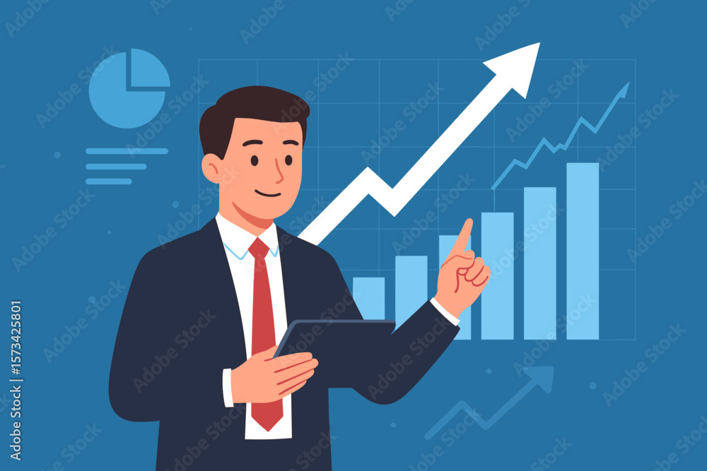 Businessman with tablet analyzes business growth chart. Financial statistics, stock market data on virtual screen. Investment profit, success concept. Flat vector illustration. Businessman with tablet analyzes business growth chart. Financial statistics, stock market data on virtual screen. Investment profit, success concept. Flat vector illustration.
