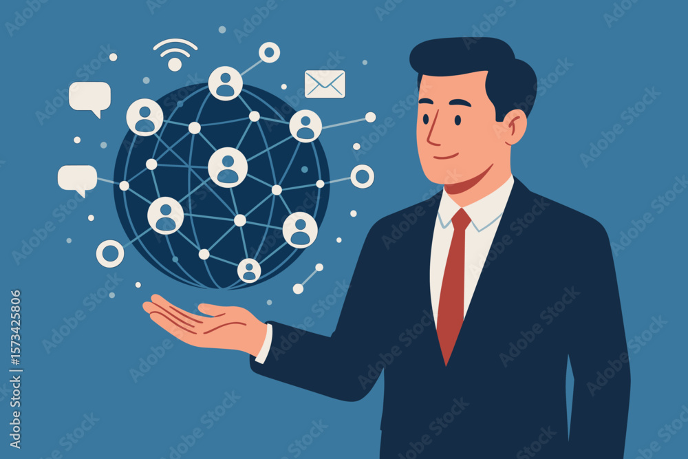 Businessman holding global network structure for data exchange and customer connection. Digital marketing, social media, and communication concept. Internet technology vector. Businessman holding global network structure for data exchange and customer connection. Digital marketing, social media, and communication concept. Internet technology vector.