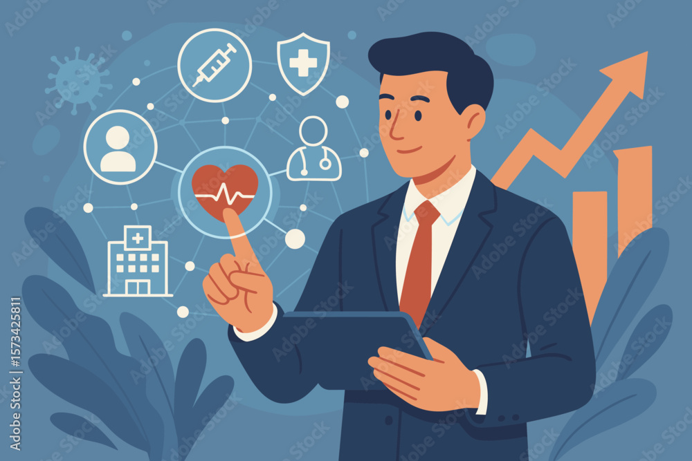 Businessman managing virtual medical network on tablet. Healthcare business technology, telemedicine, hospital growth. Health insurance, patient data analysis, medtech concept. Businessman managing virtual medical network on tablet. Healthcare business technology, telemedicine, hospital growth. Health insurance, patient data analysis, medtech concept.