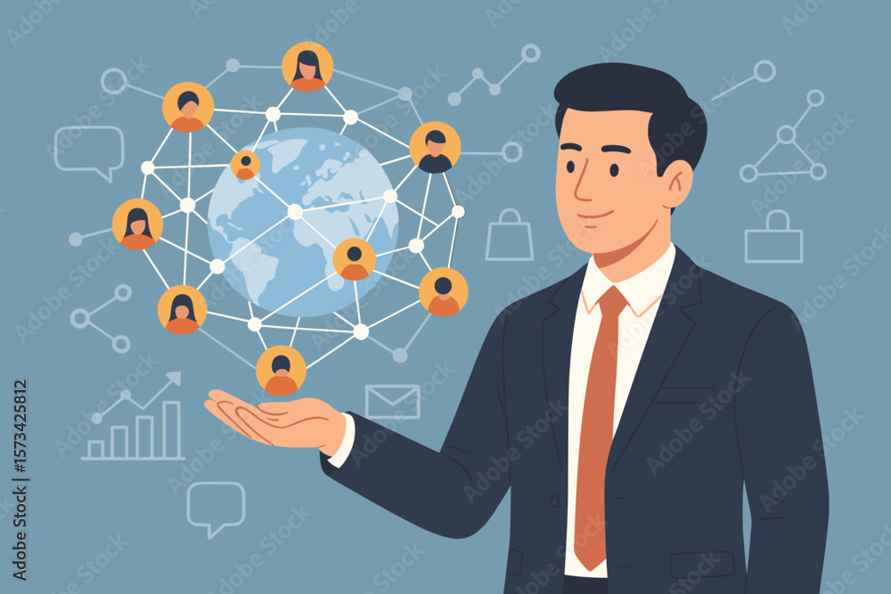 Businessman holding global structure, networking and data exchanges. Customer network, digital marketing, social media communication and internet technology connection concept. Businessman holding global structure, networking and data exchanges. Customer network, digital marketing, social media communication and internet technology connection concept.
