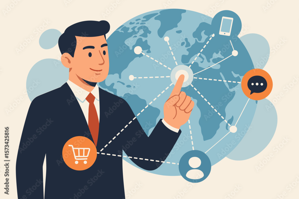 Omnichannel marketing strategy concept. Businessman managing global customer experience. Digital network connection. E-commerce and communication. Modern flat vector cartoon illustration. Omnichannel marketing strategy concept. Businessman managing global customer experience. Digital network connection. E-commerce and communication. Modern flat vector cartoon illustration.