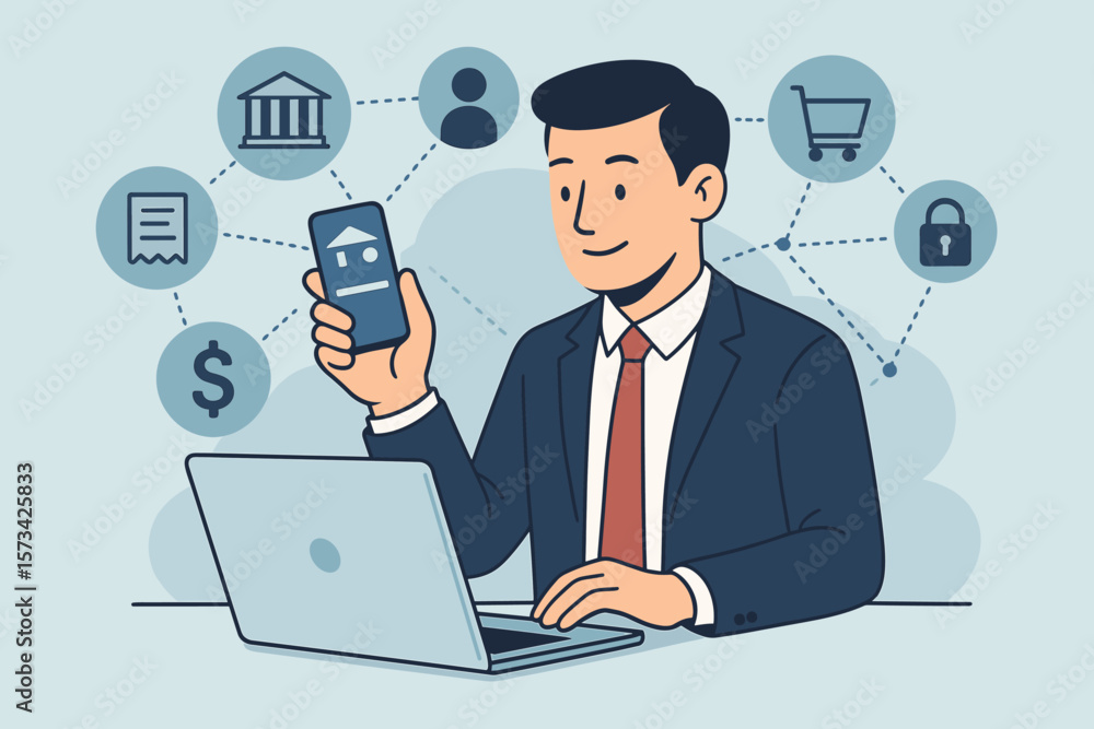 Businessman using online banking and financial services on smartphone and laptop. Fintech technology concept for digital marketing, e-commerce, and secure payment network. Businessman using online banking and financial services on smartphone and laptop. Fintech technology concept for digital marketing, e-commerce, and secure payment network.