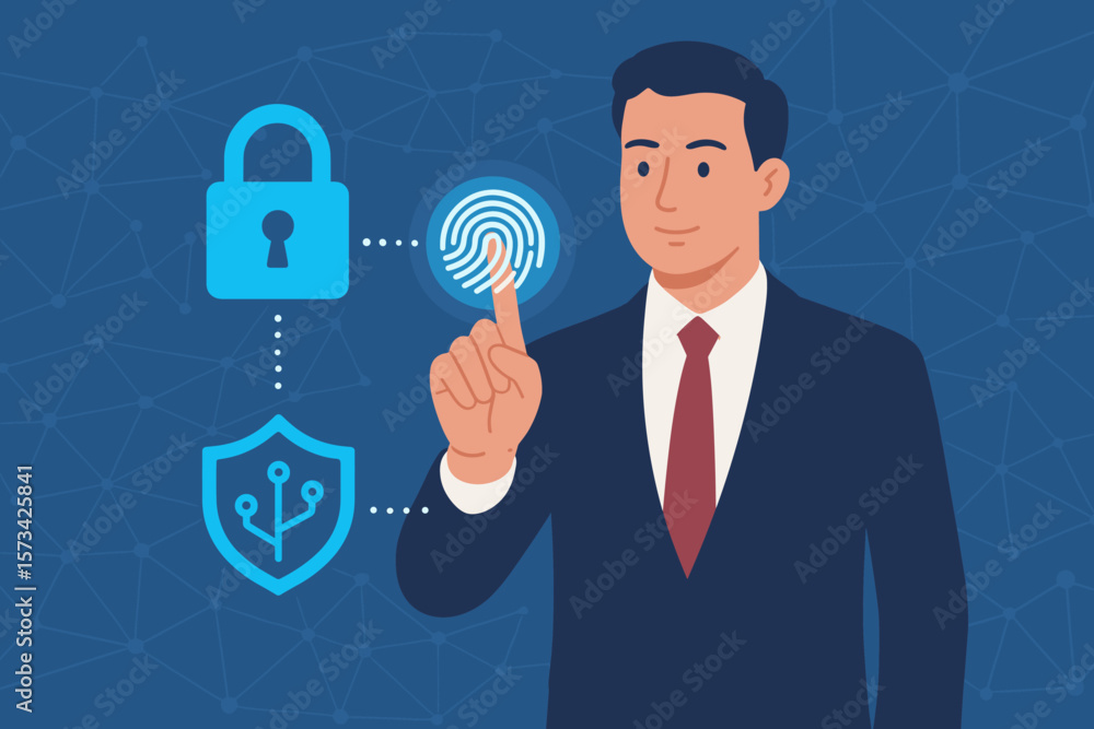 Businessman touching fingerprint scan for biometric identification. Cyber security concept with padlock icon. Digital data network protection and business transaction security. Businessman touching fingerprint scan for biometric identification. Cyber security concept with padlock icon. Digital data network protection and business transaction security.