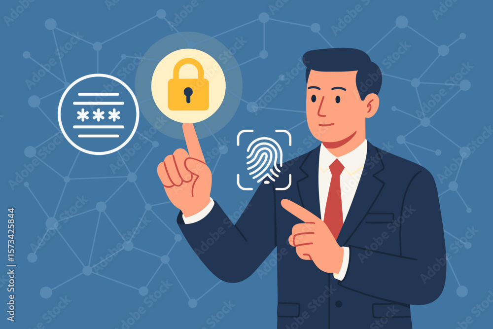 Cybersecurity concept. Businessman touching padlock for data encryption. Biometric fingerprint scan for identification. Digital protection, network security, business access. Cybersecurity concept. Businessman touching padlock for data encryption. Biometric fingerprint scan for identification. Digital protection, network security, business access.