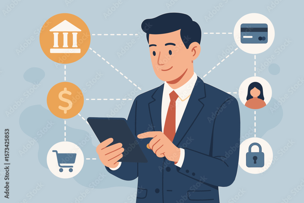 Businessman with tablet for online banking, digital marketing, and finance networking. Fintech concept for online shopping, customer network, secure payment, and business. Businessman with tablet for online banking, digital marketing, and finance networking. Fintech concept for online shopping, customer network, secure payment, and business.