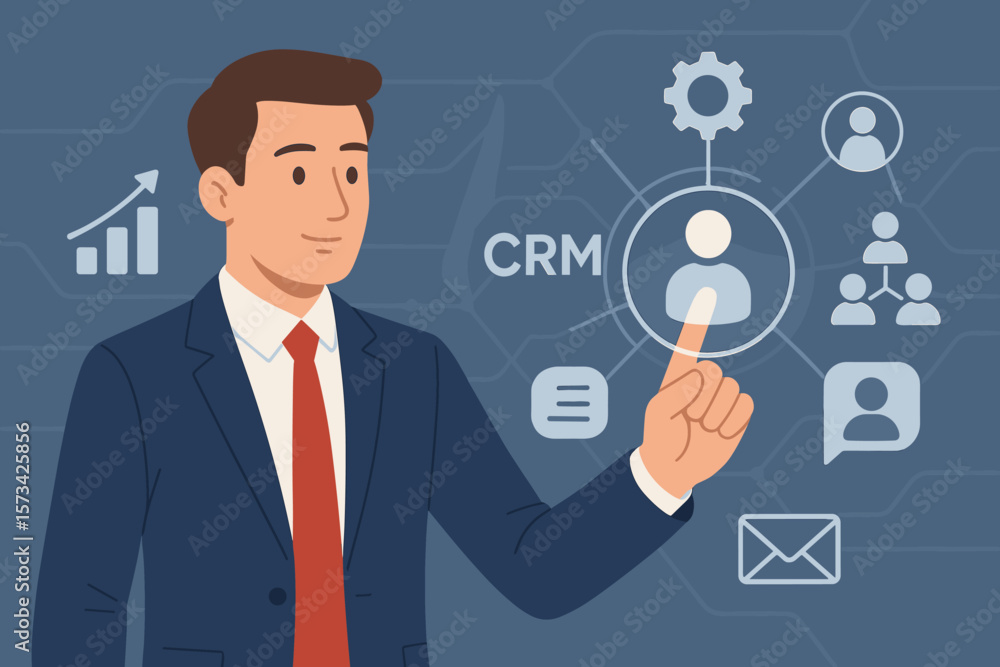 CRM Customer Relationship Management concept. Businessman with virtual interface. Business technology for data analytics, marketing automation and sales. Vector illustration. CRM Customer Relationship Management concept. Businessman with virtual interface. Business technology for data analytics, marketing automation and sales. Vector illustration.