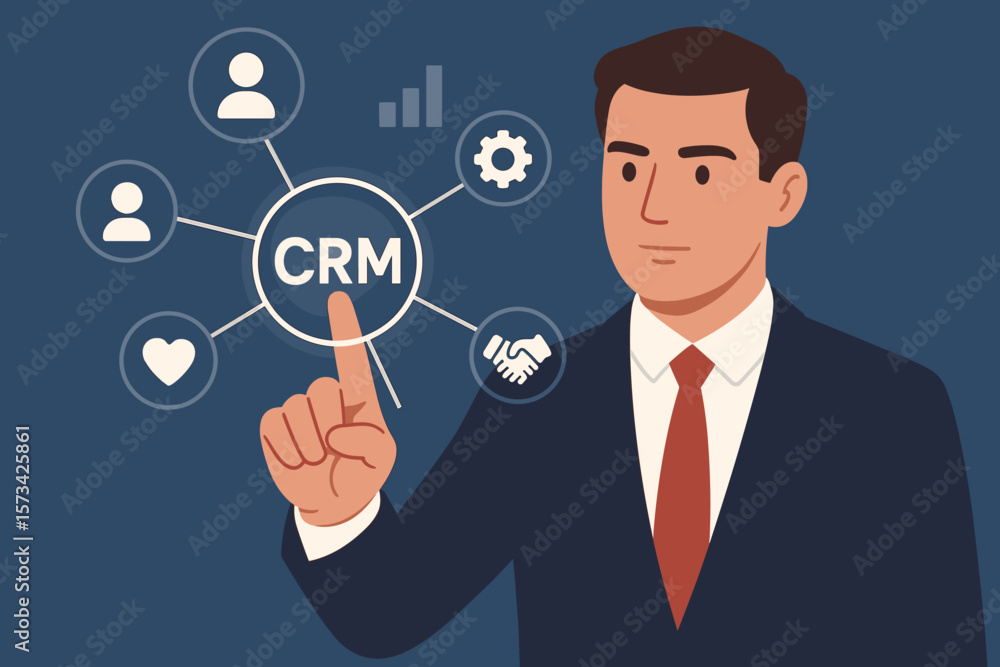 CRM Customer Relationship Management concept. Businessman interacts with virtual interface. Business technology for marketing, sales, service. Flat vector cartoon illustration. CRM Customer Relationship Management concept. Businessman interacts with virtual interface. Business technology for marketing, sales, service. Flat vector cartoon illustration.