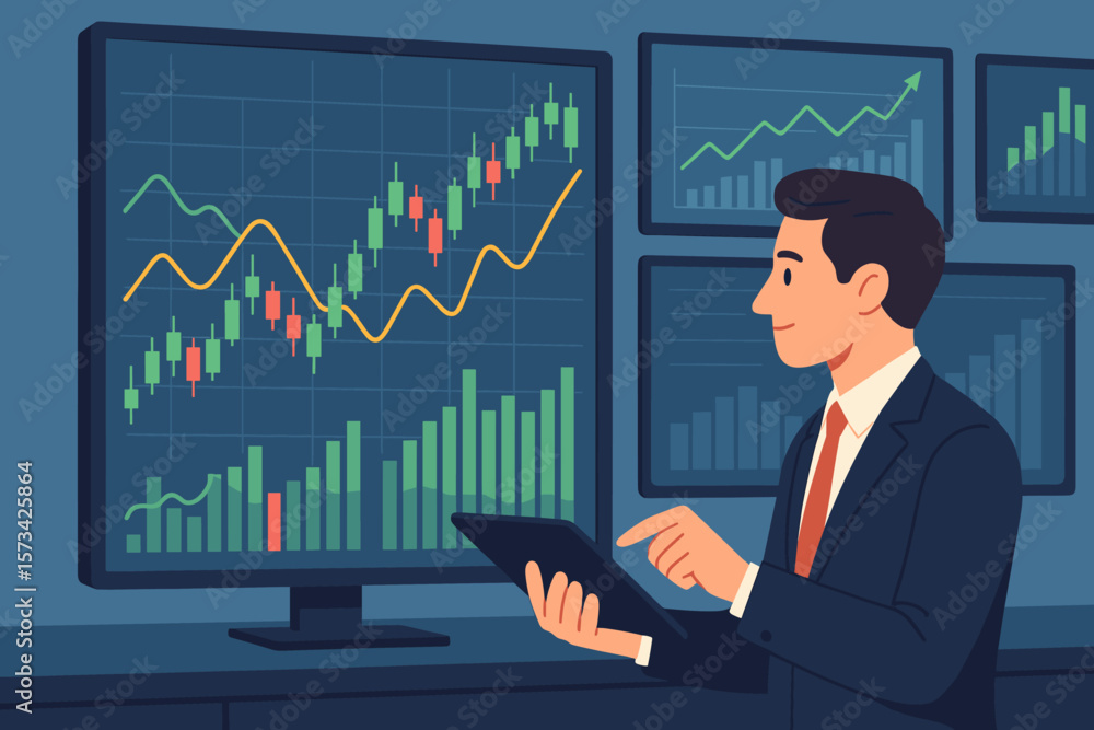 Businessman using tablet for analyzing data stock market. Trader in monitoring room with chart on screen. Broker trading. Investment, finance, and economy growth concept. Businessman using tablet for analyzing data stock market. Trader in monitoring room with chart on screen. Broker trading. Investment, finance, and economy growth concept.