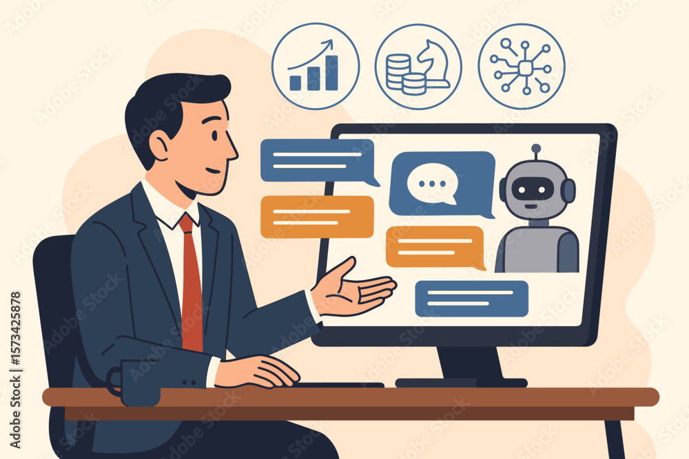 Businessman using AI chatbot on computer for business strategy and investment plan. Financial analysis with big data algorithm technology. Artificial intelligence assistant. Businessman using AI chatbot on computer for business strategy and investment plan. Financial analysis with big data algorithm technology. Artificial intelligence assistant.