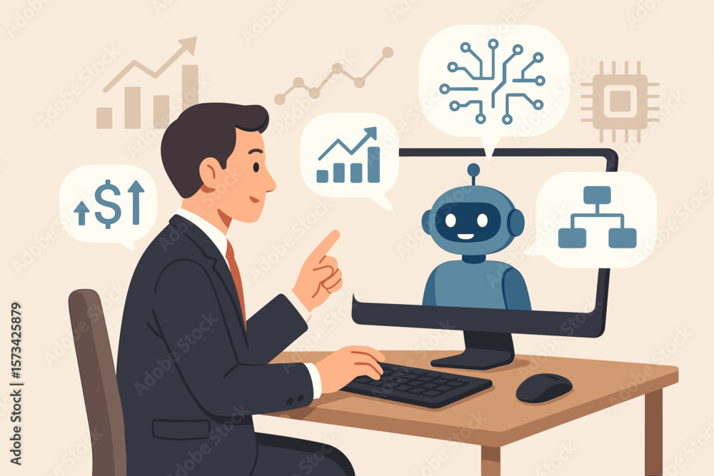 Businessman using AI chatbot for business strategy, investment planning, big data analysis. Financial growth algorithm. Artificial intelligence assistant technology concept. Businessman using AI chatbot for business strategy, investment planning, big data analysis. Financial growth algorithm. Artificial intelligence assistant technology concept.