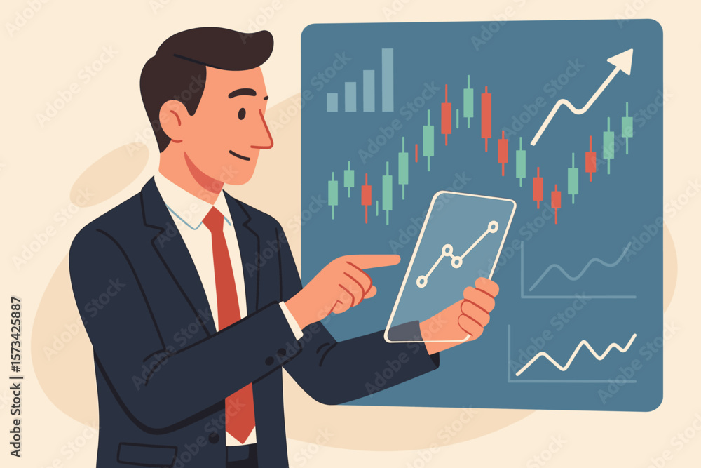 Businessman analyzing stock market data on virtual screen. Financial investment and trading concept. Forex chart graph for economy growth. Modern flat vector cartoon illustration. Businessman analyzing stock market data on virtual screen. Financial investment and trading concept. Forex chart graph for economy growth. Modern flat vector cartoon illustration.