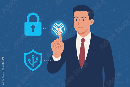 Businessman touching fingerprint scan for biometric identification. Cyber security concept with padlock icon. Digital data network protection and business transaction security.