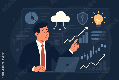 Businessman working on financial trading and digital marketing. Cloud computing on modern virtual interface. Cybersecurity, innovation, technology, data analysis, stock growth.