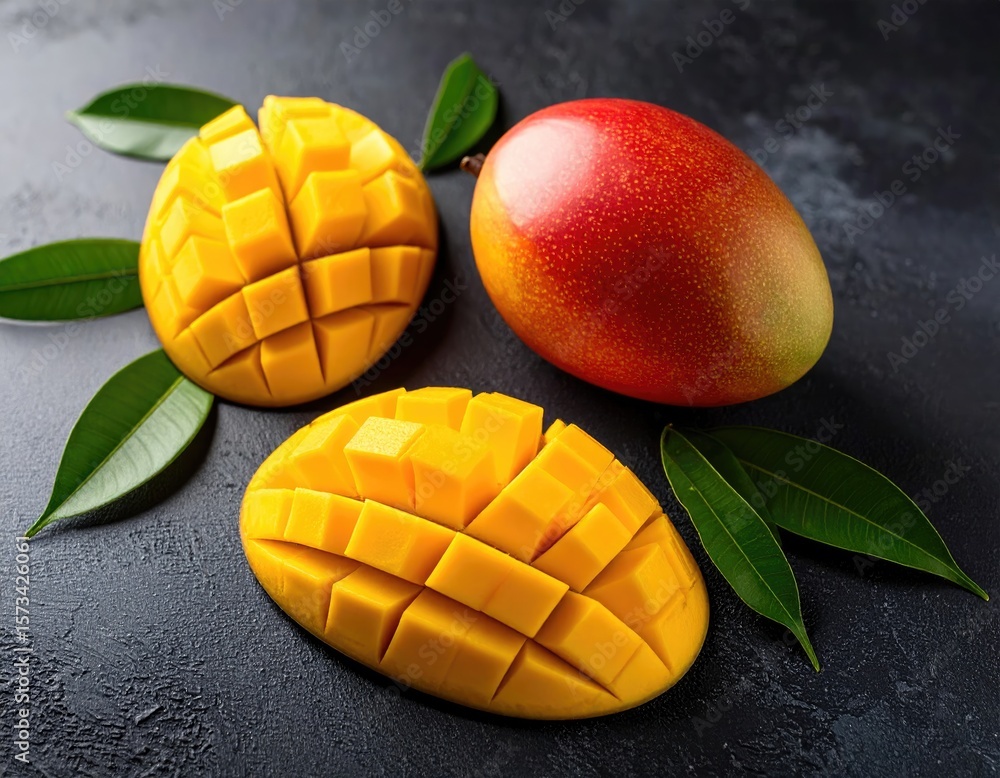 Fototapeta premium Mango cubes on dark surface