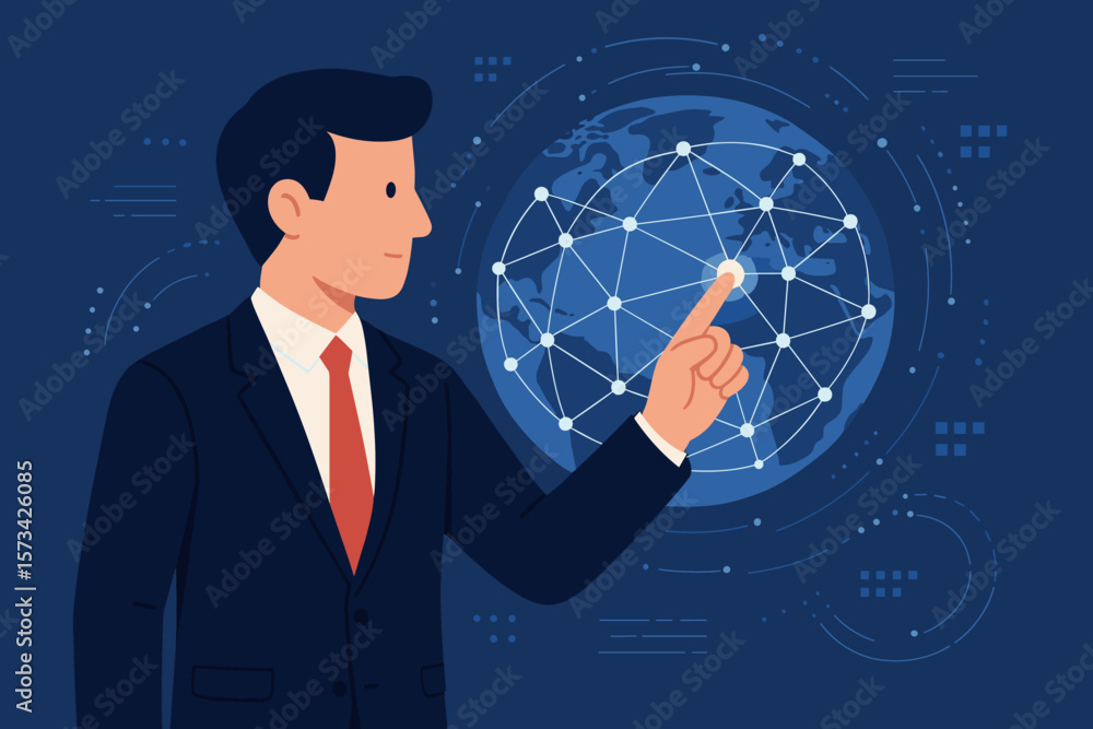 Businessman Touching Global Network, Data Exchange, Big Data, Digital Technology, Cybersecurity, Internet Connection, World Map, Communication, Modern Vector Illustration Businessman Touching Global Network, Data Exchange, Big Data, Digital Technology, Cybersecurity, Internet Connection, World Map, Communication, Modern Vector Illustration