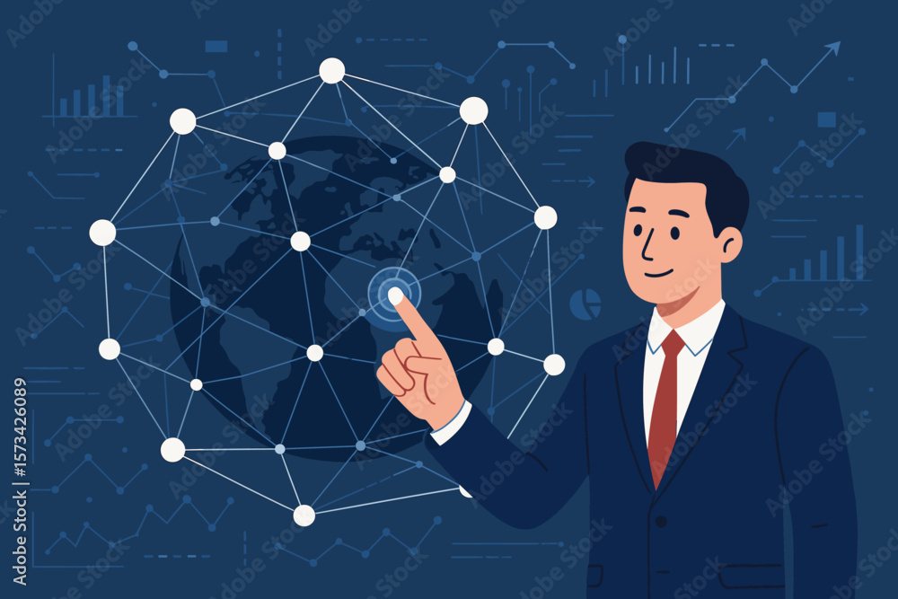 Businessman Connecting Global Digital Network, Big Data Exchange, Cyber Technology, Data Visualization, Analytics, World Map, Communication, Modern Flat Vector Businessman Connecting Global Digital Network, Big Data Exchange, Cyber Technology, Data Visualization, Analytics, World Map, Communication, Modern Flat Vector