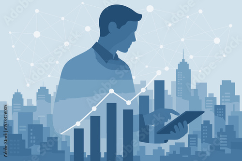Double exposure businessman using tablet, graph chart, data analytics, network connections, economic growth, city skyline, modern flat vector illustration