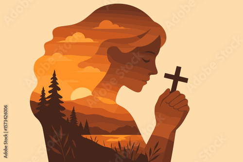 Double Exposure Woman Praying with Cross at Sunset, Faith and Hope Concept, Spiritual Nature Landscape, Modern Flat Vector Illustration